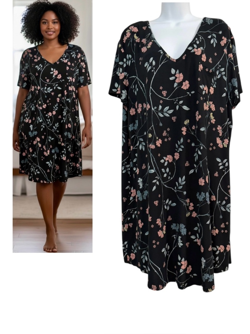 SOMA Black Floral Sleep Dress Size XL Night Gown Sleepshirt Lounge V-neck Knit